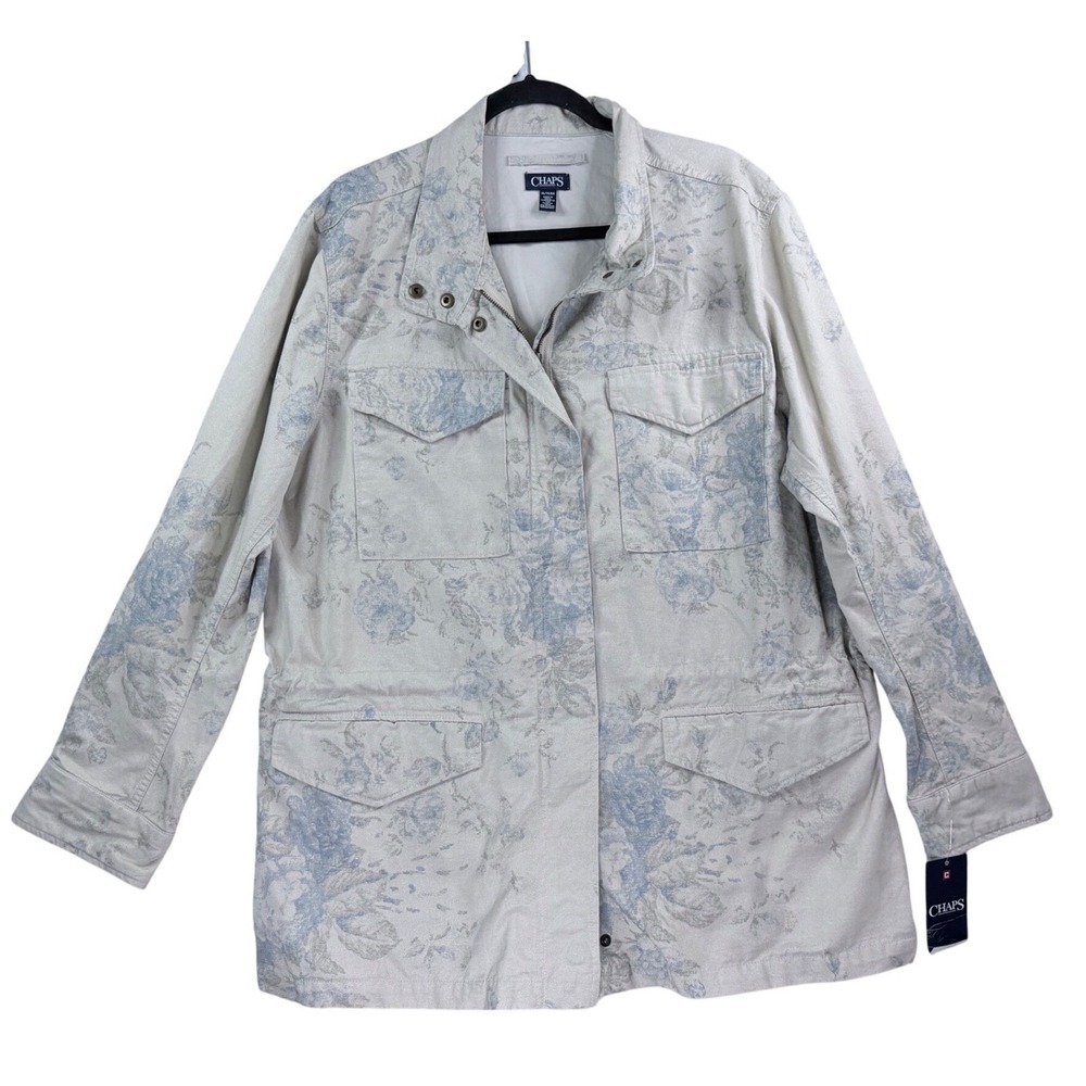 Chaps Field Jacket Women XL Tan Blue Floral NWT Utility Cargo Cotton Blend